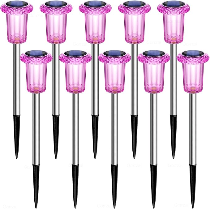 Solar Pathway Lights Gift for Mom 10 Pack Pink Solar Lights Outdoor Waterproof Yard Lighting, LED Stainless Steel Stake for Garden Outside Landscape Lawn Driveway Walkway Path