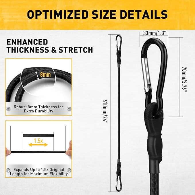 6 Piece 24 Inch Carabiner Bungee Cords with Hooks, Heavy Duty Outdoor Bungee Cords with Carabiner Hooks, 6" Nylon Cable Ties, UV & Weather Resistant