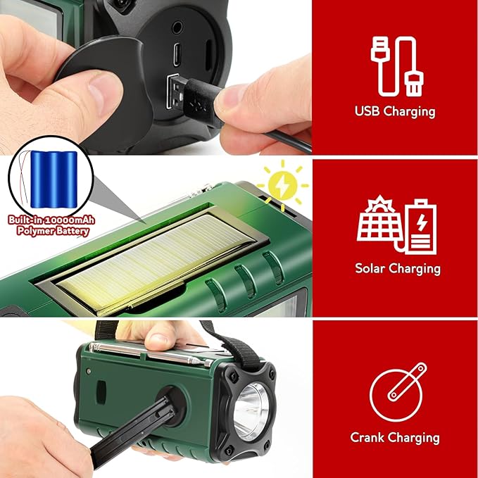 Emergency NOAA Weather Alert Radio with Solar & Hand Crank USB-C Charging Portable AM/FM Radio 3W Flashlight, Reading Lamp, Cell Phone Charger, SOS for Hurricane, Storm, Camping Emergencies