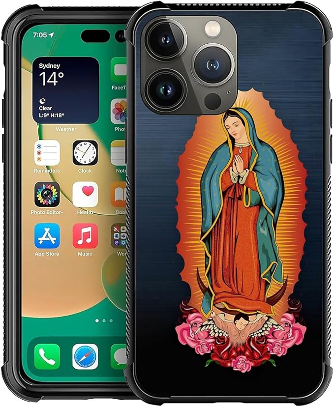 for iPhone 14 Pro Case, Red Virgen Guadalupe Pattern Graphic Design Girl Boy Soft Silicone Hard Acrylic Shock Protection for iPhone 14 Pro