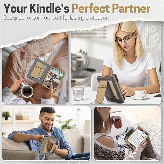 TNP Stand Case with Strap for Kindle Paperwhite 12th Gen 2024 / Kindle Colorsoft Signature Edition - 7" PU Leather Protective Folio Cover with Auto Wake/Sleep & Card Slot, Gold