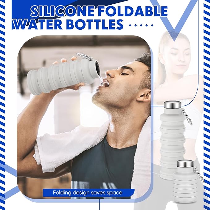 Baderke Collapsible Water Bottles 17oz Travel Sports Portable Water Bottle with Portable Buckle Silicone Lightweight Reusable Leakproof for Camping Hiking Yoga Outdoor(Gray White)