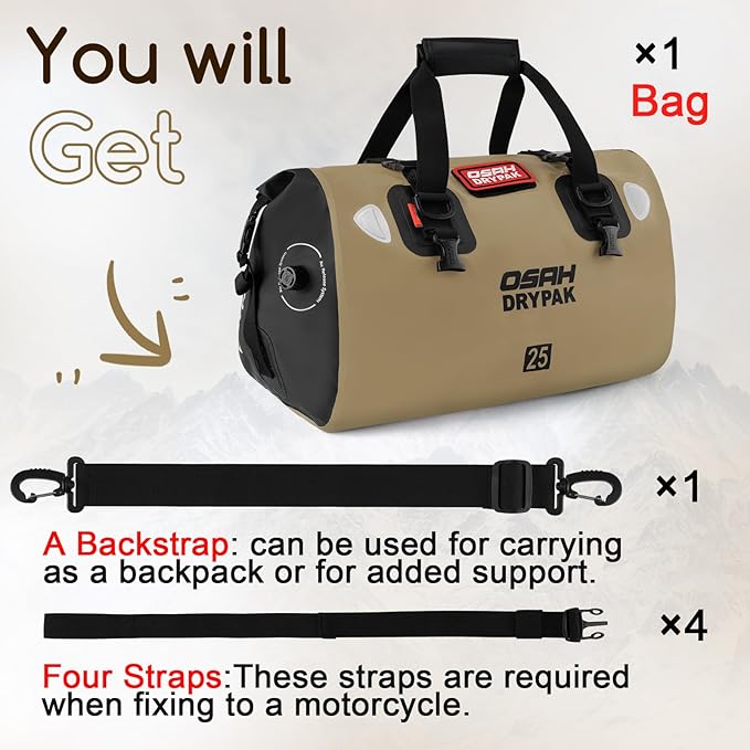 OSAH DRYPAK Waterproof Duffel Bag - Motorcycle Dry Bag Tail Bag with Large Storage Space, Waterproof Luggage Duffle Bags with Outer Mesh Zipper Pocket for Camping, Kayaking, Fishing & Traveling