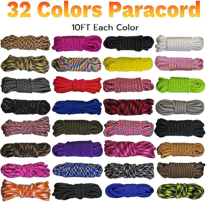 Paracord Crafting Kit, 32 Colors, 10 FT Each, 550lb Parachute Cord for Bracelets, Lanyards, Dog Collars, Idea for Gift (32Colors-A, Mixed)