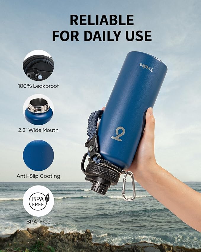 Trebo Water Bottle 40oz with Paracord Handle, Half Gallon Large Vacuum Triple Wall Stainless Steel Insulated Water Jug with Holder Strap Straw Spout Lids, Leakproof Keep Cold & Hot,Classic Blue