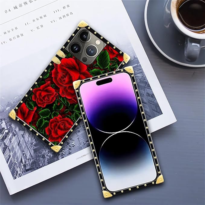 Compatible with iPhone 14 Pro Max Case, Vector Red Rose Green Leaf Luxury Golden Decoration for Girl Women Soft TPU Shockproof Protective Hard PC Back for iPhone 14 Pro Max