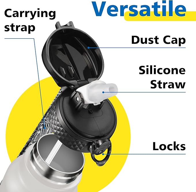 Han's Bottle Sports Water Bottle - 24 Oz, Straw Lid, Leak Proof, Vacuum Insulated Stainless Steel, Double Walled, Thermo Mug,White