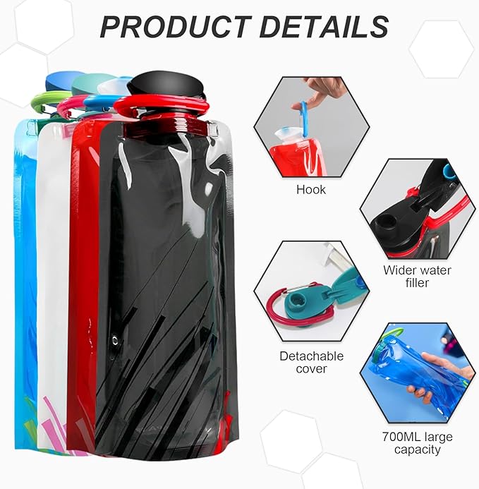 4 Pack 700 ml Collapsible Water Bottle,Portable Leakproof Bag for Drinking Foldable Flat Water Bottles for Camping Traveling Biking Hiking
