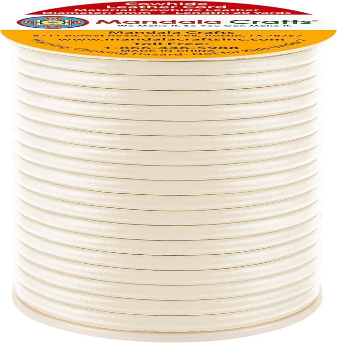 Mandala Crafts Round Genuine Cream Leather Cord for Jewelry Making – 2mm Cowhide Leather Rope String Lace for Kumihimo – 20 Yards Cowhide Craft Cording Spool
