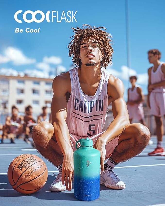 Coolflask 128 oz Gallon Water Bottle Insulated with Straw&3 Lids, Water Jug Large Stainless Steel Metal Vacuum Wide Mouth for Sports, Gym or Office, Non-BPA Keep Cold 48H Hot 24H, Glacier Blue