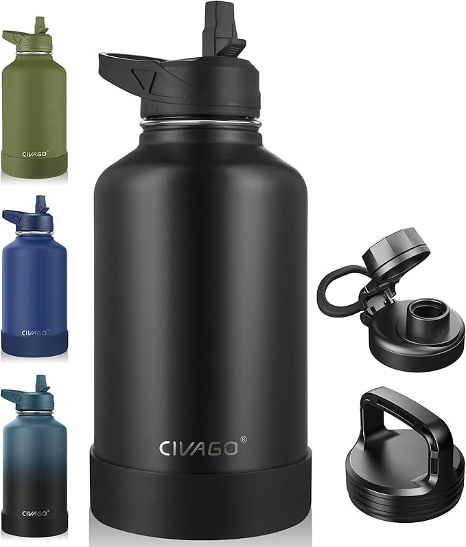 CIVAGO 64 oz Insulated Water Bottle With Straw, Half Gallon Stainless Steel Sports Water Flask Jug with 3 Lids (Straw, Spout and Handle Lid), Large Metal Thermal Cup Mug, Midnight Black