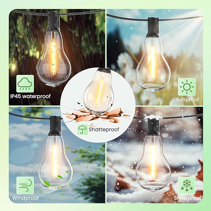 Outdoor String Lights 400FT(4x100) Patio Lights with 212 (12 Spare) Shatterproof Bulbs, String Lights for outside Waterproof hanging for Party,Wedding,Yard, Porch, Bistro, 2200K, Black cord