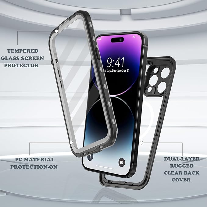 for iPhone 14 Pro Waterproof Case - Shockproof, Dustproof, Built-in Screen Protector, Magnetic Ring Black