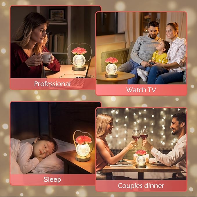 AMWGIMI Rose Flower Lamp,Birthday Gifts for Women,Rechargeable Cordless LED Touch Lamps,3-Colour Infinitely Dimming Small Night Light,for Living Room,Dining Room,Bedroom Festival Home Decor