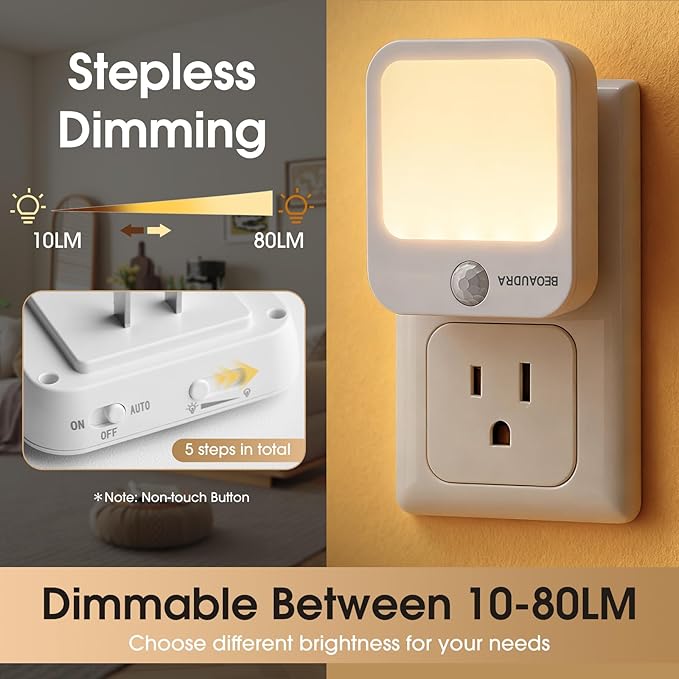 Motion Sensor Night Light Plug in, Dimmable Warm White Motion Activated LED Night Lights for Bedroom Bathroom Hallway Stairs 2 Pack