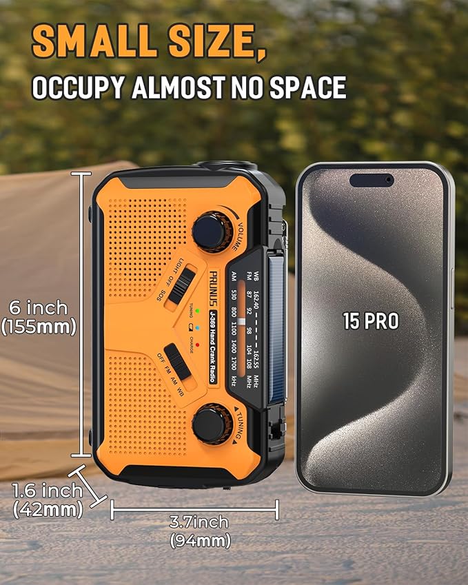 PRUNUS J-369 11100mWh Emergency Weather Radio, AA Batteries/Hand Crank/Solar/USB Charging, NOAA/AM/FM, LED Flashlight and Reading Lamp,SOS Alarm & Flashlight Portable