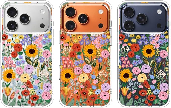 MOSNOVO for iPhone 17 Pro Case | Military Grade 6.6ft Drop Tested | Camera Control | Clear with Blossom & Bloom Design
