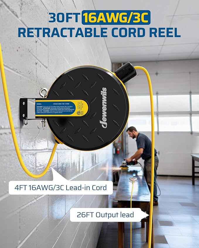 DEWENWILS 30FT Retractable Extension Cord Reel, Ceiling/Wall Mount 16/3 SJTW Power Cord with 3 Lighted Triple Outlets for Garage Shop, 10 Amp Circuit Breaker, Metal Plate, ETL Listed, Yellow
