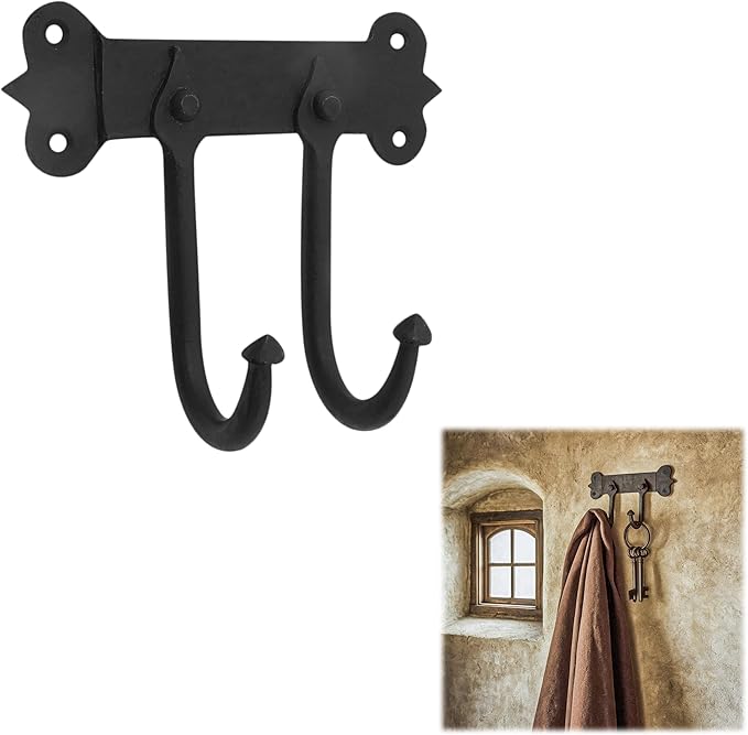 Mystic Colonial Rustic Cast Iron Wall Hanger – Heavy Duty Retro Utility Hooks, Multi-Purpose Wall Mount Hanger for Hanging Coats, Bags, Towels, Robes, Hats & More, Black