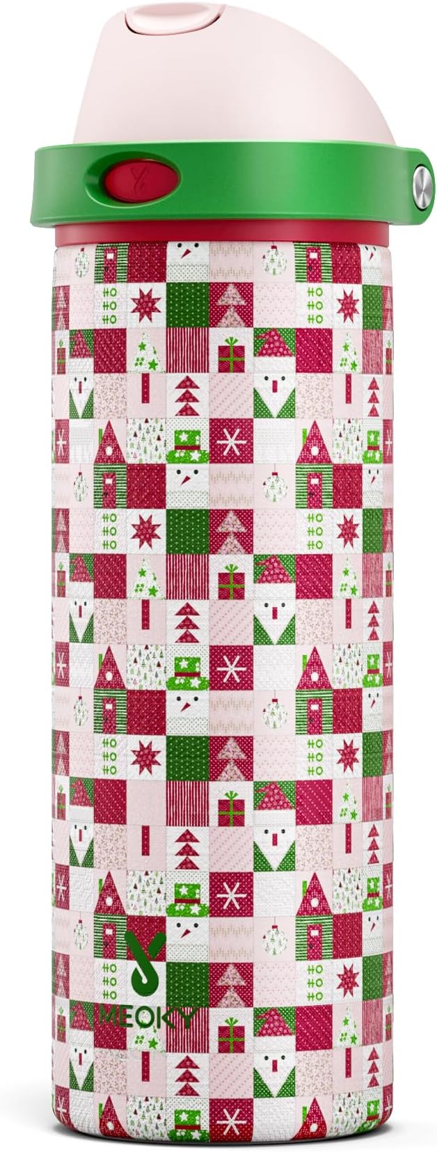 24 oz Insulated Water Bottle for Christmas: Meoky Stainless Steel Xmas Water Bottle with 2-in-1 Straw and Spout Lid - Leak Proof, Fits in Car Cup Holder, BPA-Free for Women Men, Santa Wishes