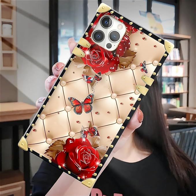 Compatible with iPhone 12 12 Pro Case, Shining Red Rose Butterfly Leather Background Luxury Golden Decoration for Girl Women Soft TPU Shockproof Protective Hard PC Back
