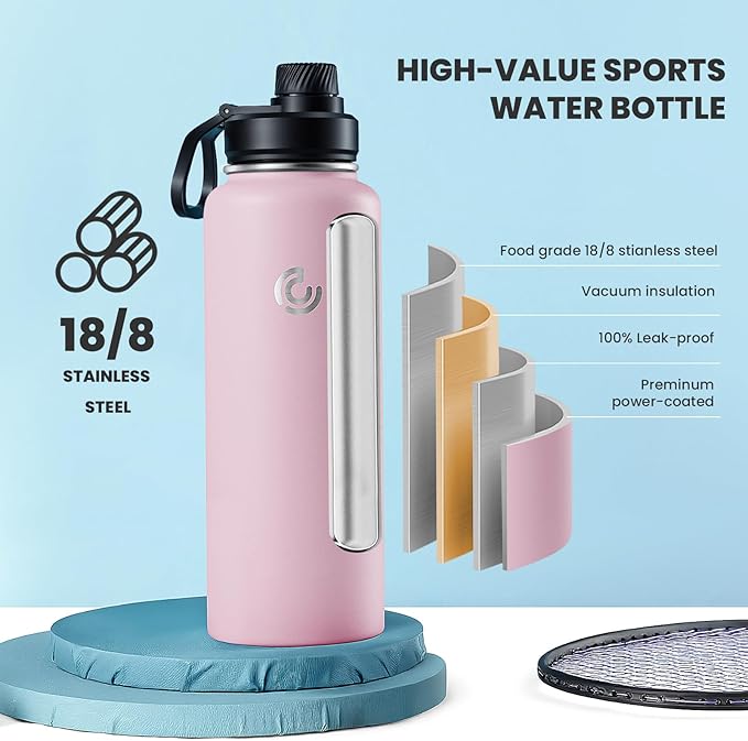 Sports Water Bottle 40oz, Insulated Water Bottle with Handle,Stainless Steel,Simple Modern,Suitable for Travel, School, Boy, Girl(Blush)