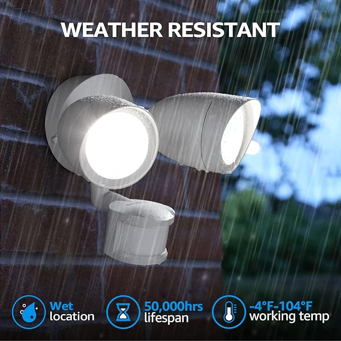 LEONLITE LED Security Lights Outdoor Motion Sensor, Motion Flood Light for Outside, Dusk to Dawn, UL Listed, Adjustable Dual Heads, Wet Location, 5000K Daylight, White