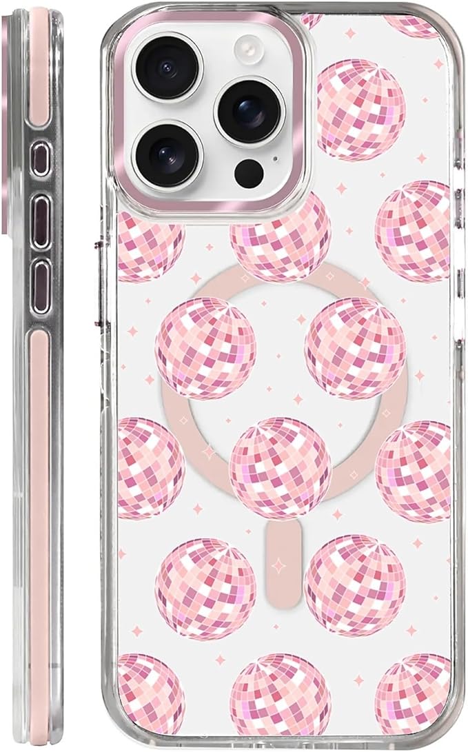 Case for iPhone 14 Pro,[Compatible with MagSafe],Disco Balls Pink Phone Case Design，for Women Girls Magnetic Clear Cover - Slim, Sleek, & Shockproof Protection