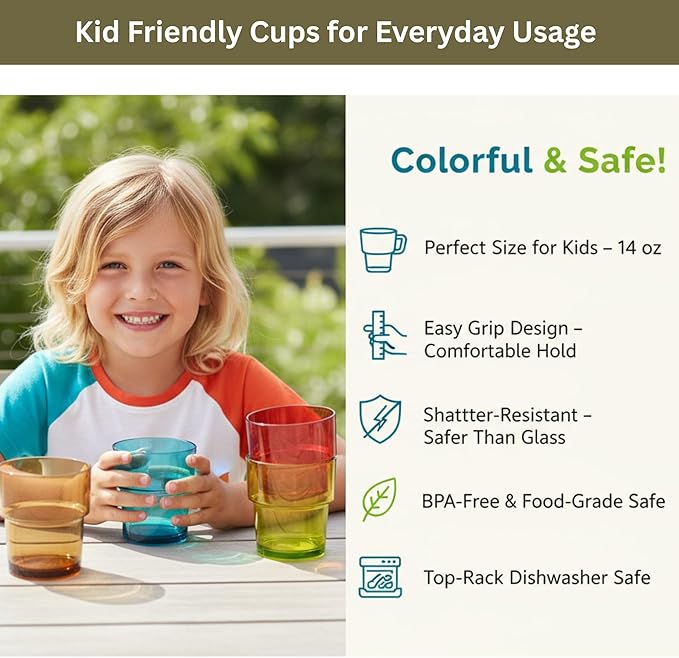 14 oz Plastic Stackable Drinking Tumblers, BPA-Free, Dishwasher Safe, Durable Shatterproof Reusable Kid Cups, Everyday Water/Juice Glasses for Indoor/Outdoor (Set of 8, Gift Box)