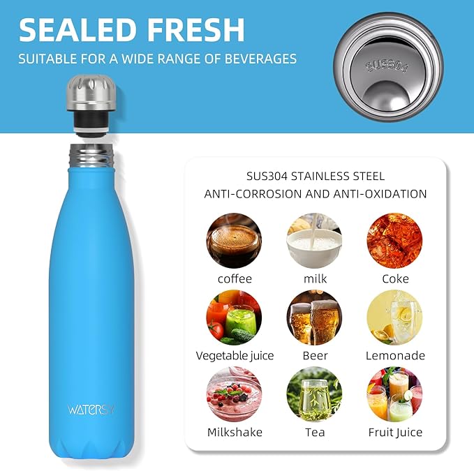 WATERSY Stainless Steel water bottles,17oz/500ml Insulated Water Bottles,Blue metal water bottle Keeps Drink Cold and Hot,BPA Free kids water bottles for School,Gym,Travel,Sports