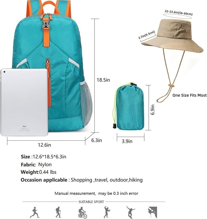 levayhill 25L Foldable Backpack & Bucket Hat 2 IN1 Combo, Lightweight packable Travel Set, Compact Daypack Sun Fisherman Hat (Lake Blue)