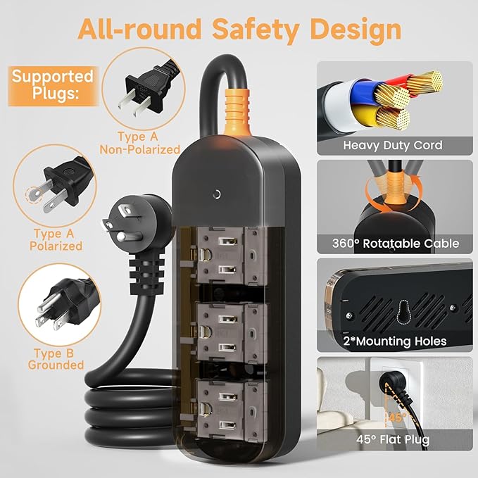 Outdoor Power Strip Weatherproof 6 FT Outdoor Extension Cord Waterproof Surge Protector Power Strip, 3 AC Outlets, 1625W - for Camping, Home, Office, Garden, Dorm, FCC UL Listed