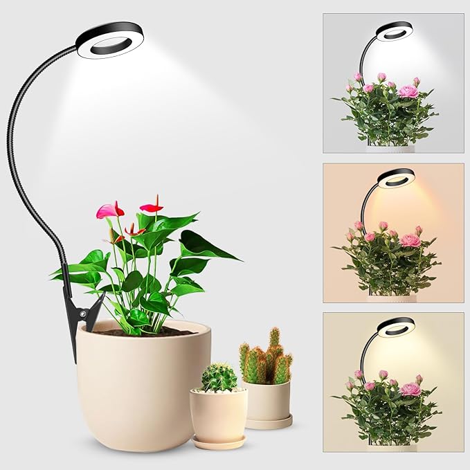 Wolezek 2 in 1 Grow Lights for Indoor Plants, 3 Colors Plant Lights for Indoor Growing with 360° Gooseneck, 48 LEDs Full Spectrum Plant Grow Lights Indoor, 6/12/16H Timer, 5 Brightness, Black 1 Pack