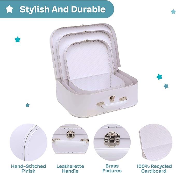 Jewelkeeper Paperboard Suitcases, Set of 3 Vintage Decorative Storage Box, Luggage Decor Storage, Vintage Decor for Birthday, Weddings, White Design