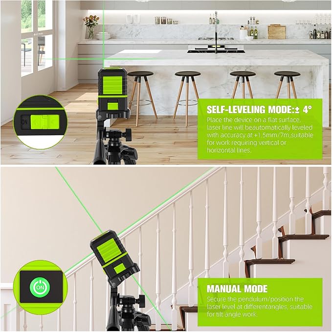 Laser Level with Tripod, 100 feet Green Cross Line Self Rotary Leveling Laser Level, Vertical and Horizontal Line, Rotatable 360 Degree, Manual Self leveling and Pulse Mode,IP54 Waterproof & Battery