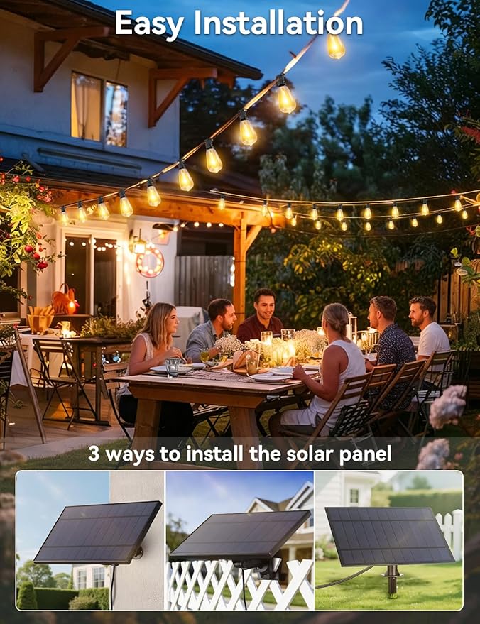 Brightever 120FT Solar String Lights Outdoor Waterproof, Patio Lights Solar Powered with Remote, 50+2 Shatterproof ST38 LED Bulbs, Dimmable&3 Lighting Modes, Hanging Outdoor Lights for Outside, Party