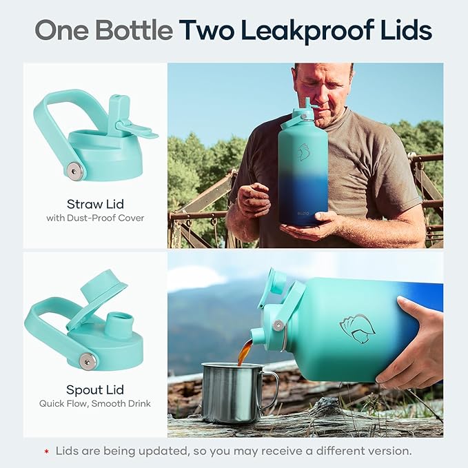 BUZIO 1 Gallon Water Jug with Straw Lid, 128oz Water Bottle Stainless Steel Triple Wall Hydro Jug 18/8 Food Grade Thermo Mug Keep Cold 48H & Hot 24H, Caribbean Blue
