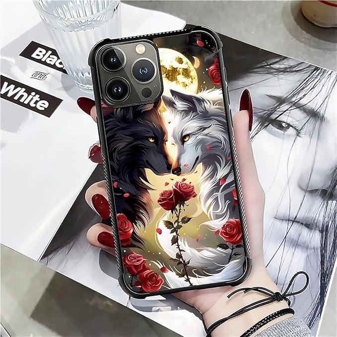 for iPhone 16 Pro Case, Black White Wolf Moon Flower Rose Pattern Graphic Design Girl Boy Soft Silicone Hard Acrylic Shock Protection for iPhone 16 Pro