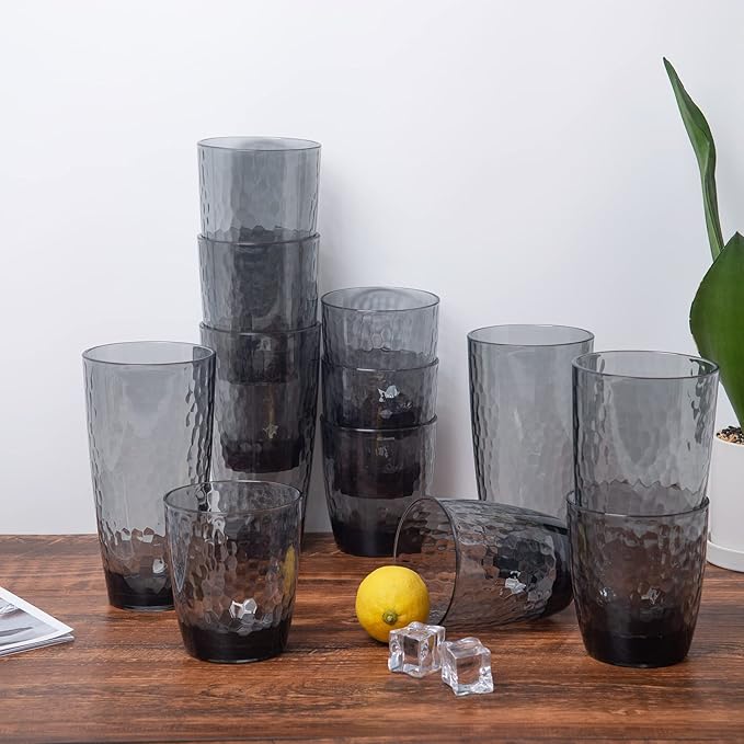 KOXIN-KARLU Hammered 26-ounce Plastic Tumbler Acrylic Glasses, set of 12 Smoky Grey