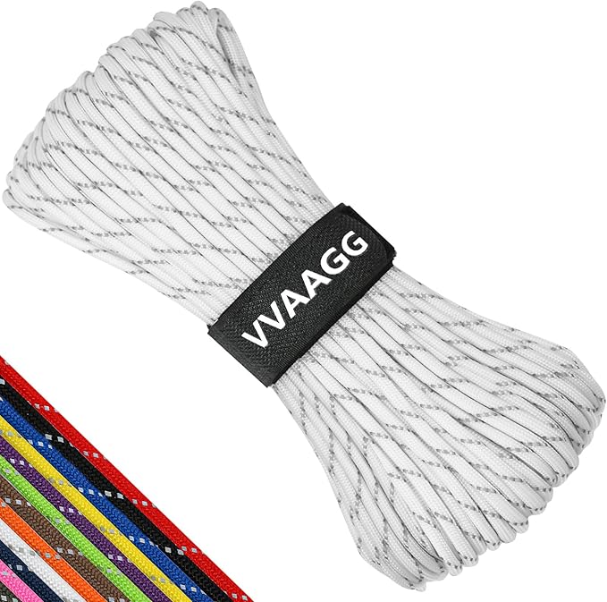 VVAAGG Reflective Paracord Rope 100FT, 7 Strand Nylon para Cord Lanyard Utility 550 Parachute Cord, 4mm Thin Tent Rope for Outdoor Camping Hiking