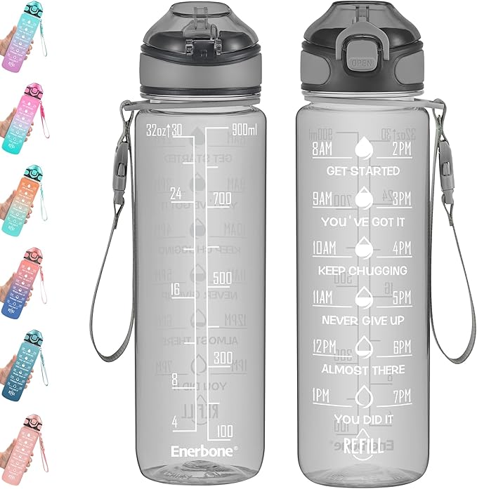Enerbone 32 oz Water Bottle with Times to Drink and Straw, Motivational Drinking Water Bottles with Carrying Strap, Leakproof BPA & Toxic Free, Ensure You Drink Enough Water for Fitness Gym Outdoor