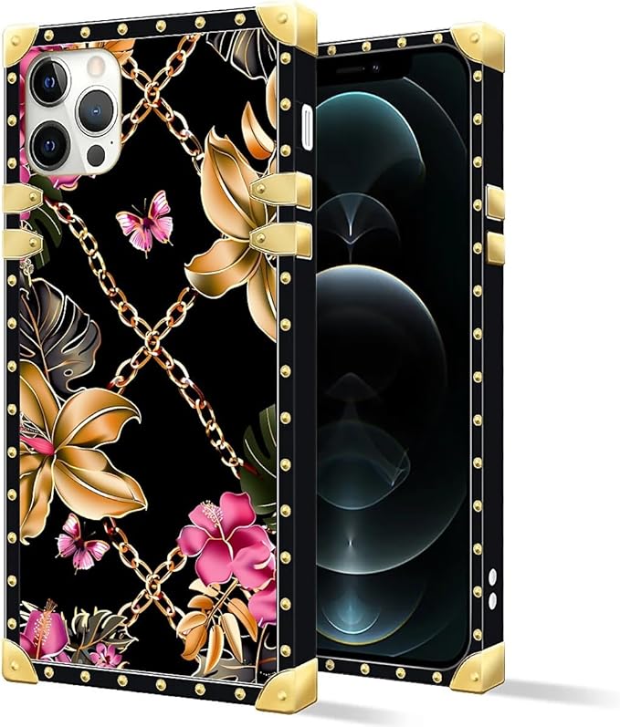 Compatible with iPhone 11 Pro Max Case, Pink Golden Chain Tropical Flower Luxury Golden Decoration for Girl Women Soft TPU Shockproof Protective Hard PC Back for iPhone 11 Pro Max