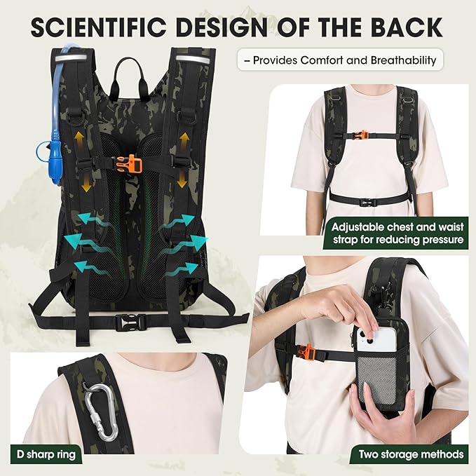 RAINSMORE Tactical Hydration Backpack 18L with 2L Water Bladder & Rain Cover, Insulated Molle Hiking Daypack, Lightweight Waterproof Ripstop Water Pack for Outdoor Cycling, Hiking