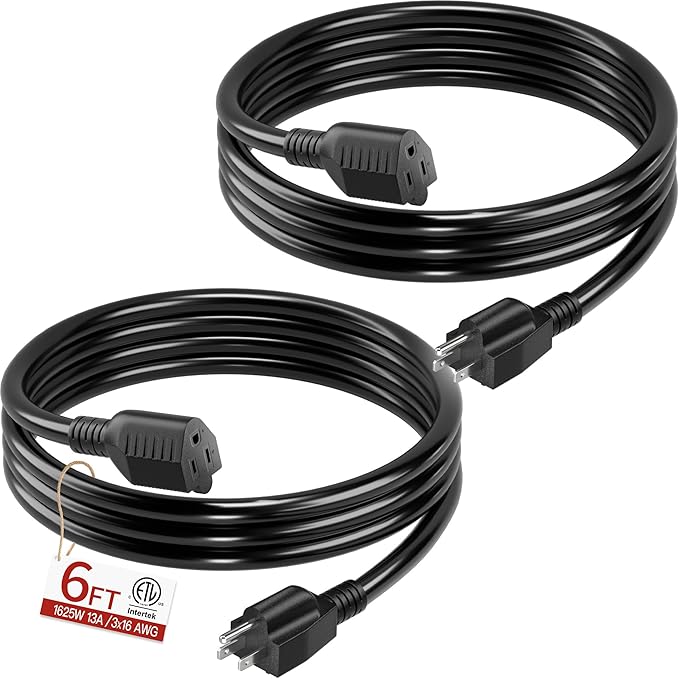 16/3 Short Extension Cord 6 FT 2 Pack, Black Extension Cord Flexible & Durable, Indoor 3 Prong Power Cable, Suitable for Home and Office, 13 Amp 1625 Watt 125VAC 16AWG, ETL Listed