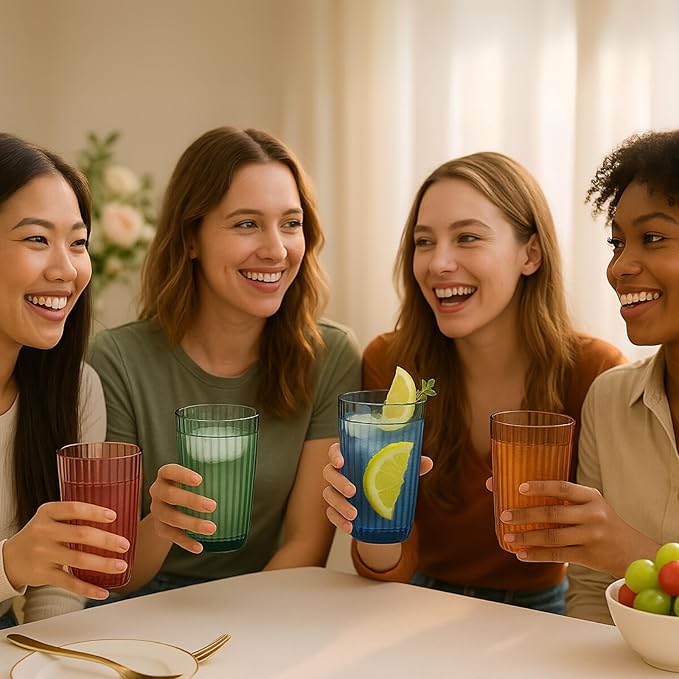 Khen Plastic Acrylic Ribbed Drinking Glasses – Set of 4 Multicolor 11.8oz Tritan Tumblers, European Style Shatterproof Drinkware – Durable, BPA-Free, Dishwasher Safe, Stackable & Unbreakable Cups