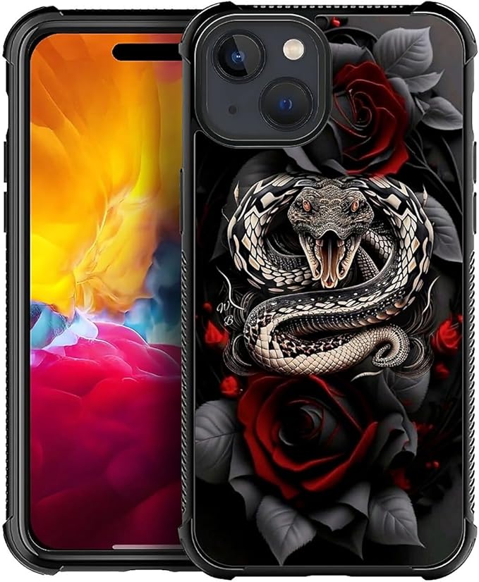 for iPhone 15 Case, Entwined Rose Snake Pattern Graphic Design Girl Boy Soft Silicone Hard Acrylic Shock Protection for iPhone 15