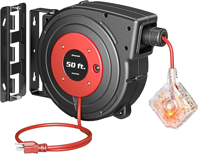 DEWENWILS 50FT Extension Cord Reel with 6 Grounded Outlets, Retractable Extension Cord Reel, 14/3C SJTOW, Twist-lock Stopper, 13A Circuit Breaker, Heavy Duty Power Cord, ETL Listed