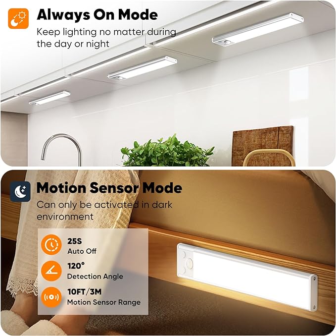 3-Pack Under Cabinet Lighting, 68LED 1800mAh Motion Sensor Lights Indoor, 3 Color Wireless Dimmable Rechargeable Battery Operated Closet Lights, Magnetic Under Counter Light Fixture for Kitchen Stair