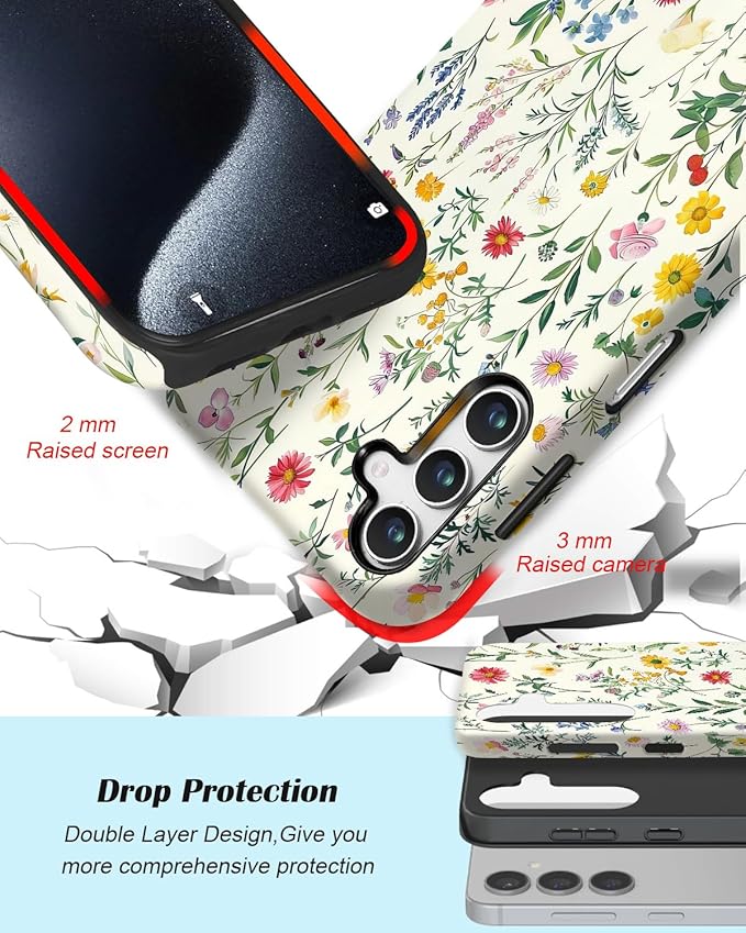 Compatible for Samsung Galaxy A17 5G Case, Dual Layer Heavy Duty 2 in 1 Shockproof Protective Phone Case,Vintage Botanical Wildflower Print
