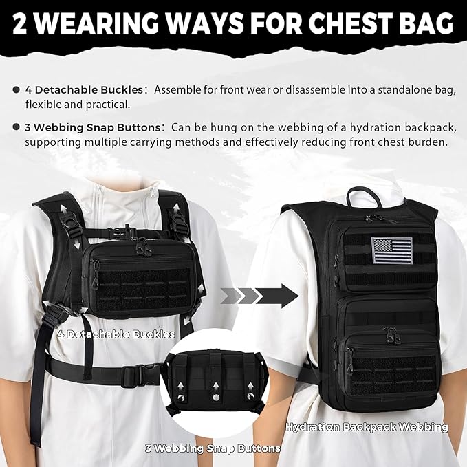 Koculemi Tactical Hydration Backpack with 2L Water Bladder and Front Small Tactical Pouch, Outdoor Water Backpack for Men Women, Sports Hydration Pack for Hiking, Cycling, Climbing